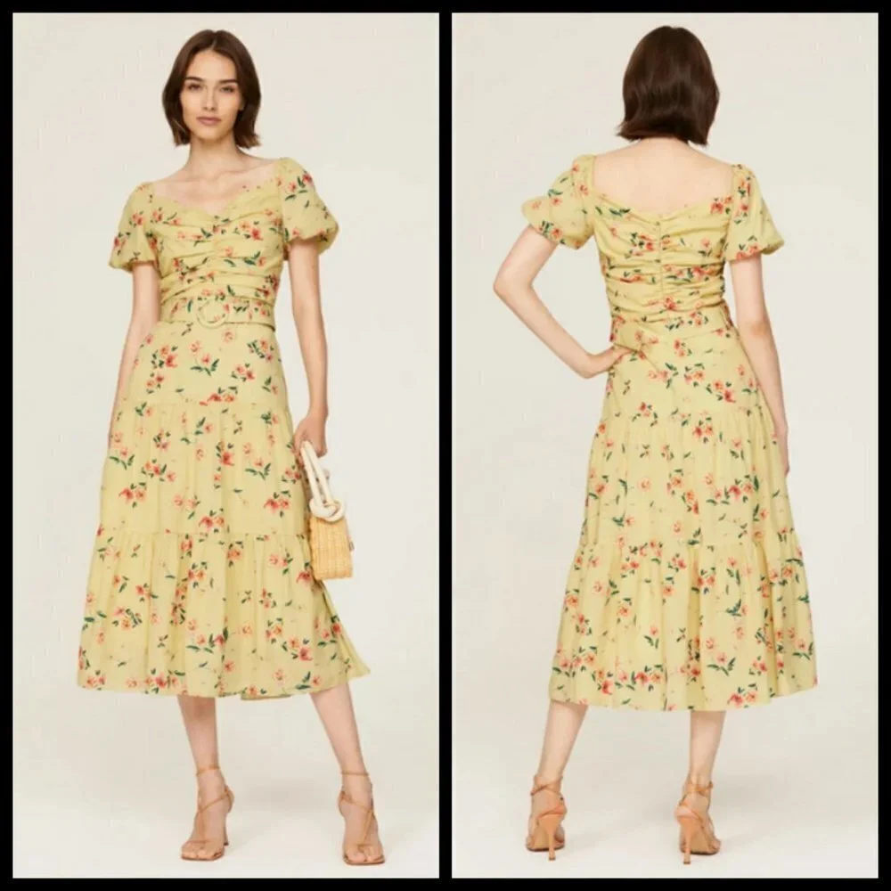💕PALOMA BLUE💕 Evie Gathered Floral-Print Crepe Midi Dress Yellow Medium M NWOT - Picture 7 of 16